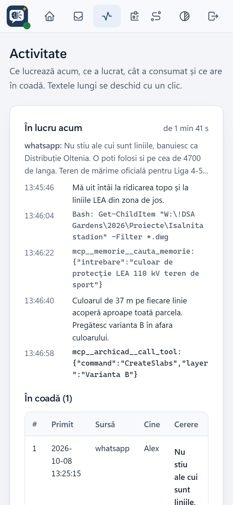 Pagina Activitate din panou, pe telefon: sarcina în lucru în timp real